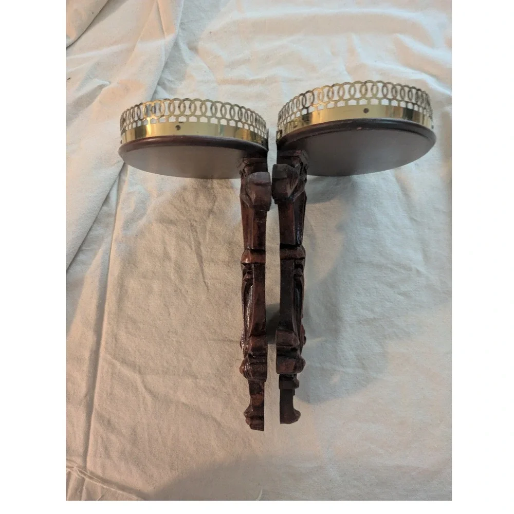 Lot of 2 Syroco Wood Wall Corbel Shelves Brass Gallery Rail MCM 11 In